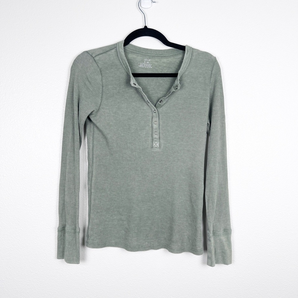 Aerie Womens Long Sleeve Ribbed Henley Top Green Size M